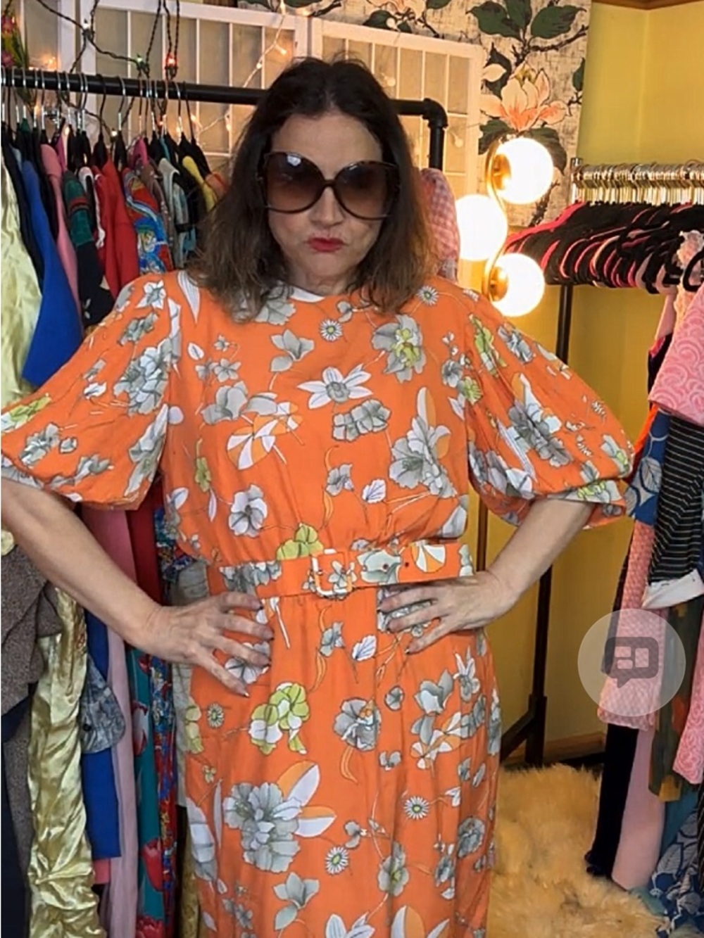 Vintage 1970s Silk Orange Floral Puff-Sleeve Dress with Belted Waist